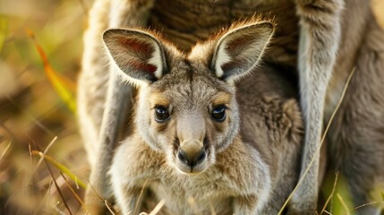Fototapeta premium Kangaroo joey peeking from mother's pouch.