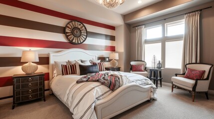 Red velvet bed with striped wallpaper and eclectic decor.