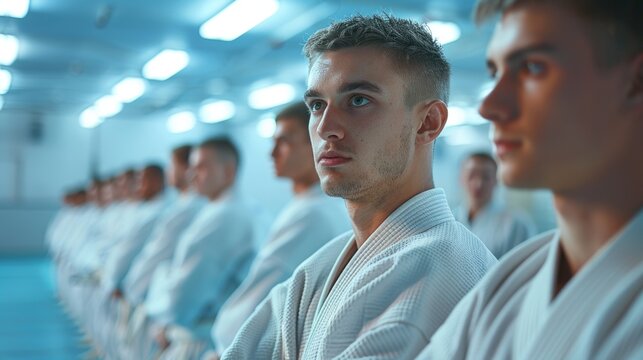 Male martial arts student in dojo. Selective focus lifestyle photography.