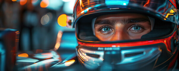 Obraz premium male racer Formula One pilot in helmet in a racing car F1 on the track at a race competition