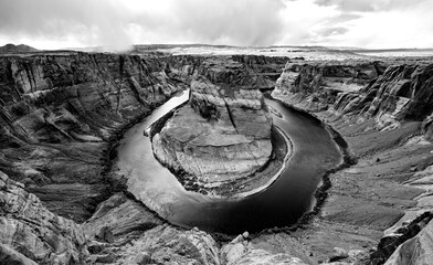 Horseshoe Bend is a horseshoe-shaped incised meander of Colorado River near Page, Arizona, USA,...