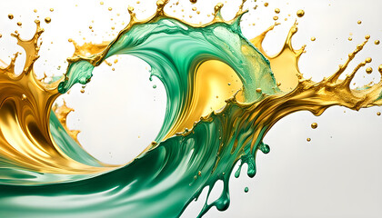 Hintergründe und Vorlage Welle Spritzer Platsch in grün gold, flüssiges Metall Frische in hellen Tönen mit Spritzern und Tropfen in dynamisch geschwungenen Linien und voller Lebendigkeit und Energie - obrazy, fototapety, plakaty