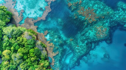 Naklejka na ściany i meble Aerial View of Vibrant Coral Reef in Tropical Blue Waters