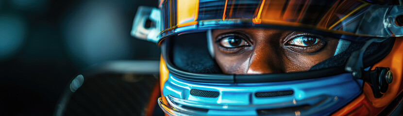 Obraz premium black man racer Formula One pilot in helmet in a racing car F1 driving on track at a race competition