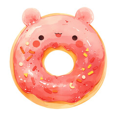 Kawaii doughnut with bear's ears and smiling face; watercolor illustration - 781892100