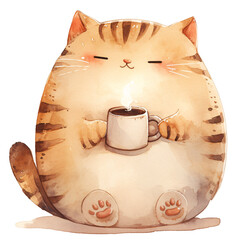 Cute kawaii cat with a cup of coffee, watercolor illustration - 781892136