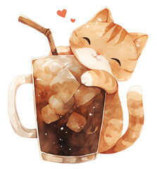 Cartoon kawaii cat with a cup of iced coffee, watercolor illustration - 781892160