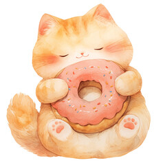 Adorable kawaii cat with a doughnut, watercolor illustration - 781892198