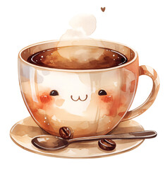 Kawaii cup of coffee with smiling face; watercolor illustration - 781892306