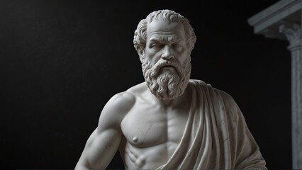 Fototapeta na wymiar greek philospher socrates white smooth marble statue on plain black background from Generative AI