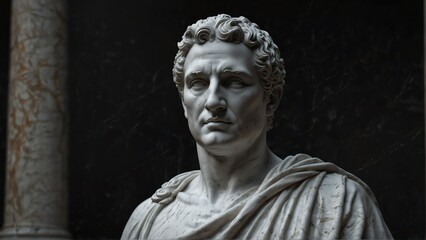 roman emperor white smooth marble statue on plain black background from Generative AI - obrazy, fototapety, plakaty
