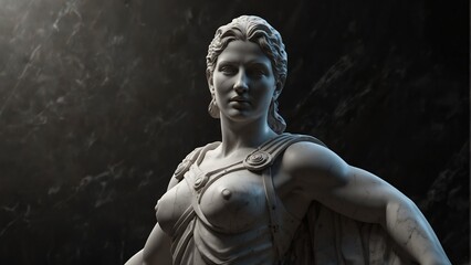 roman female warrior white smooth marble statue on plain black background from Generative AI
