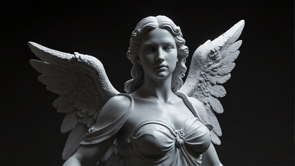 warrior angel white smooth marble statue on plain black background from Generative AI