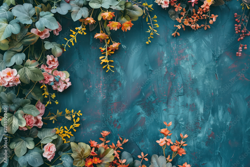 Poster slide background with colorful leaves and flowers framing on a painted wall. background image. creat