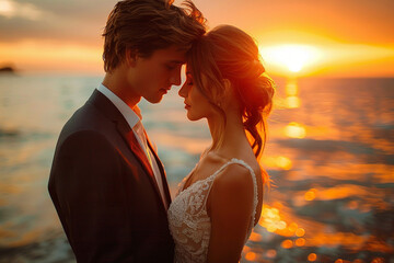 Fototapeta premium Romantic couple in love, the bride and groom at sunset, wedding concept in nature, clung to each other
