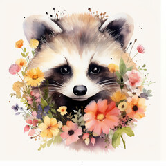 Decorative watercolor raccoon with flowers isolated on white background, wild mammal, cartoon illustration cute racoon animal for design greeting card, children forest poster, invite