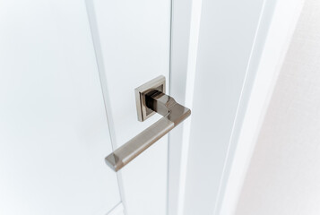 Metal door handle, closed door to room, close-up of door handle covered in chrome.