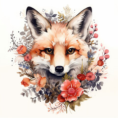 Fox portrait with flower watercolor illustration isolated on white background, foxy painting, decorative mammal sign for design zoo alphabet, travel advertising, protection of animals, greeting card