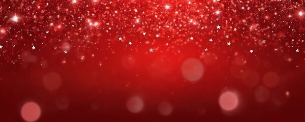 Red Christmas background with falling snowflakes and bokeh lights.