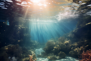 Fototapeta na wymiar Sun Shining Through Water Over Coral Reef