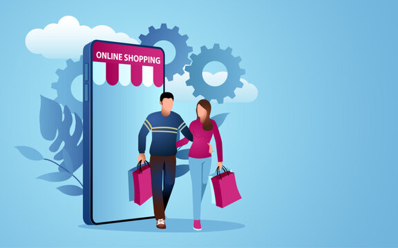 Digital age of retail, vector illustration of a couple carrying shopping bags, mobile phone symbolizing ecommerce, modern retail, technology integrates with everyday activities