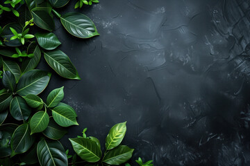Slide background with colorful green leaves framing on a black painted wall. Background image. Created with Generative AI technology.