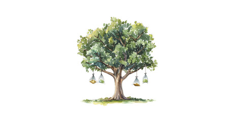 watercolor illustration of an oak tree with hanging plastic bags on a white background