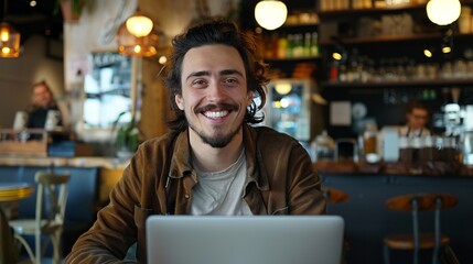 Smiling Freelancer Working Remotely in Cafe - obrazy, fototapety, plakaty