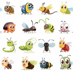 Cartoon insects with various expressions