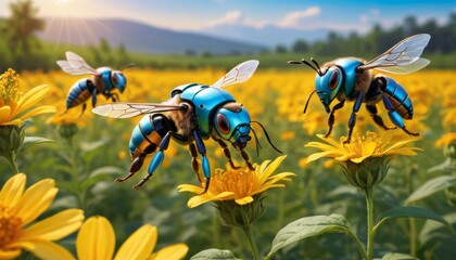An imaginative scene where robotic bees are depicted pollinating bright sunflowers under a sunny sky, blending nature with technology.. AI Generation - obrazy, fototapety, plakaty