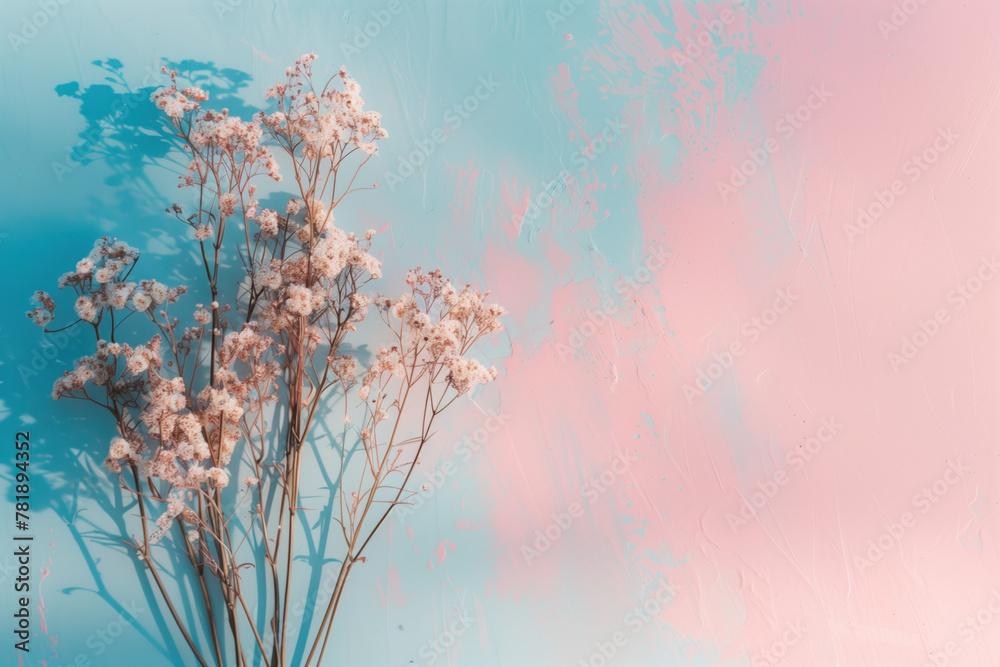 Poster slide background with flowers in front of a painted wall. background image. created with generative 