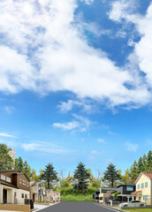Fototapeta na wymiar 青い空に包まれた大自然の中に佇む戸建て住宅の街並み風景
