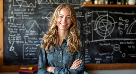 A female teacher Standing in Front of Blackboard Writing
