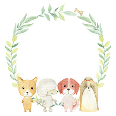 Baby shower card. Vector watercolor wreath with dogs. - 781894752