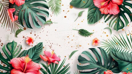 Fresh and bright tropical-themed paper with a border of hibiscus flowers and palm leaves against a...