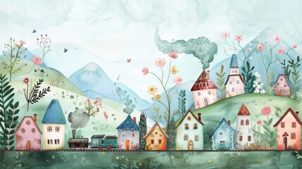 Watercolor landscape, toy-like train meandering through a pastel-hued village, surrounded by whimsical flora and rolling hills, perfect for children's book illustrations or gentle nursery decor.