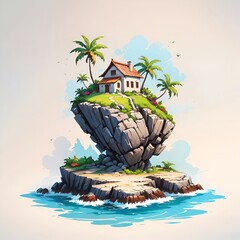 Island Clipart Cartoon Island With House On Top Vector