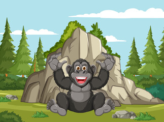 A happy gorilla sitting by a large rock