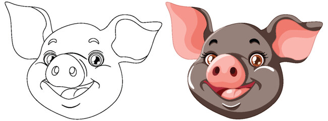 Vector illustration of a pig, outlined and colored
