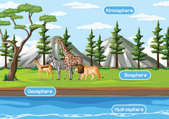 Vector illustration of animals with labeled Earth spheres