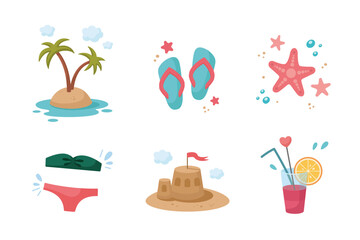 Summer Set. Cute summer icons collection. Summertime elements. Beach holidays elements. Cartoon vector illustration. Flat design.