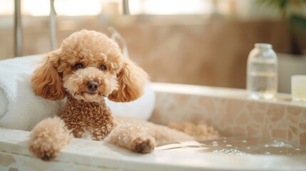 Poodle enjoying a bath, cute and pampered. Suitable for pet grooming and luxury pet services advertisements.