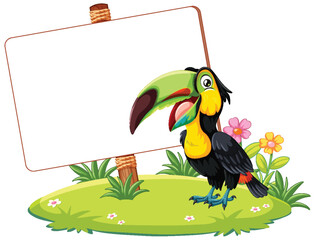 Naklejka premium Colorful toucan beside a sign on a grassy patch