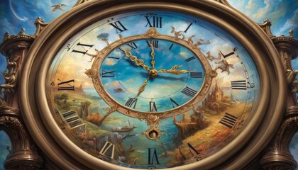 Fototapeta na wymiar An artistic surreal depiction of time with a clock face melting into a dreamy landscape, blending history and moments seamlessly.. AI Generation