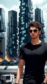 guy with black t-shirt in a futuristic city