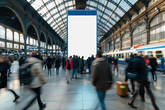 A professional image featuring a blank poster in the middle of a big modern train station, perfect for showcasing advertisements, announcements, and promotional messages in a bustling transportation