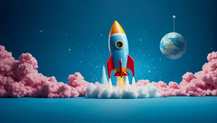 Fotobehang Rocket taking off on a clean background as an illustration of a new business starting and new beginnings © The A.I Studio
