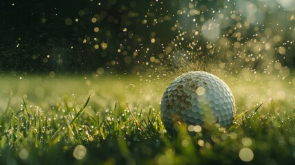 Close-up of a golf ball on dewy grass, perfect for sports equipment promos.