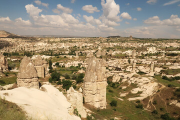 View onto Görkündere Vally, Vadisi with its fairy chimneys, and the town of Ortahisar in the...