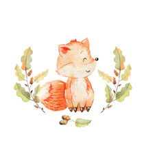 Vector watercolor composition with cute fox on a white background. Nursery poster. - 781895986
